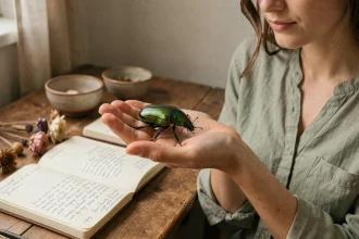 Femme tenant un scarabée vert irisé dans la paume de la main, symbole de l'inconscient en rêve