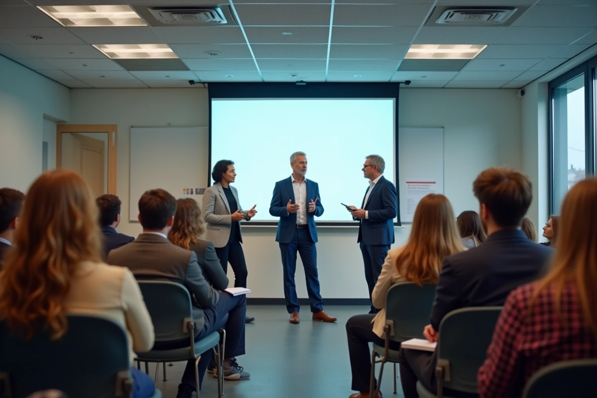 Panel de conférenciers présentant devant un auditoire lors d'un séminaire scientifique, représentant les échanges publics entre experts et parties prenantes dans le cadre d'une alliance sciences-société
