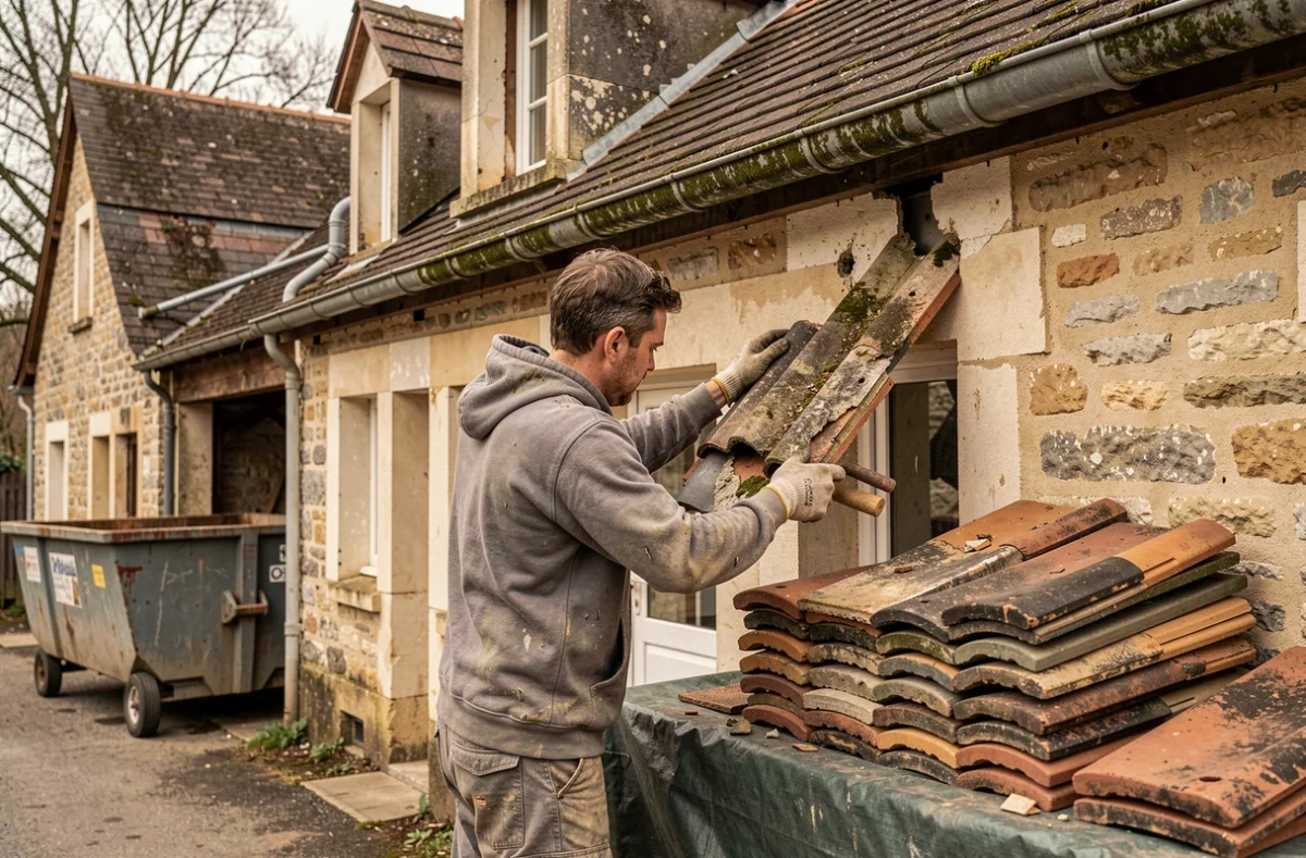 Spécialiste de SG Rénovation retirant d'anciennes tuiles lors d'une rénovation de toiture