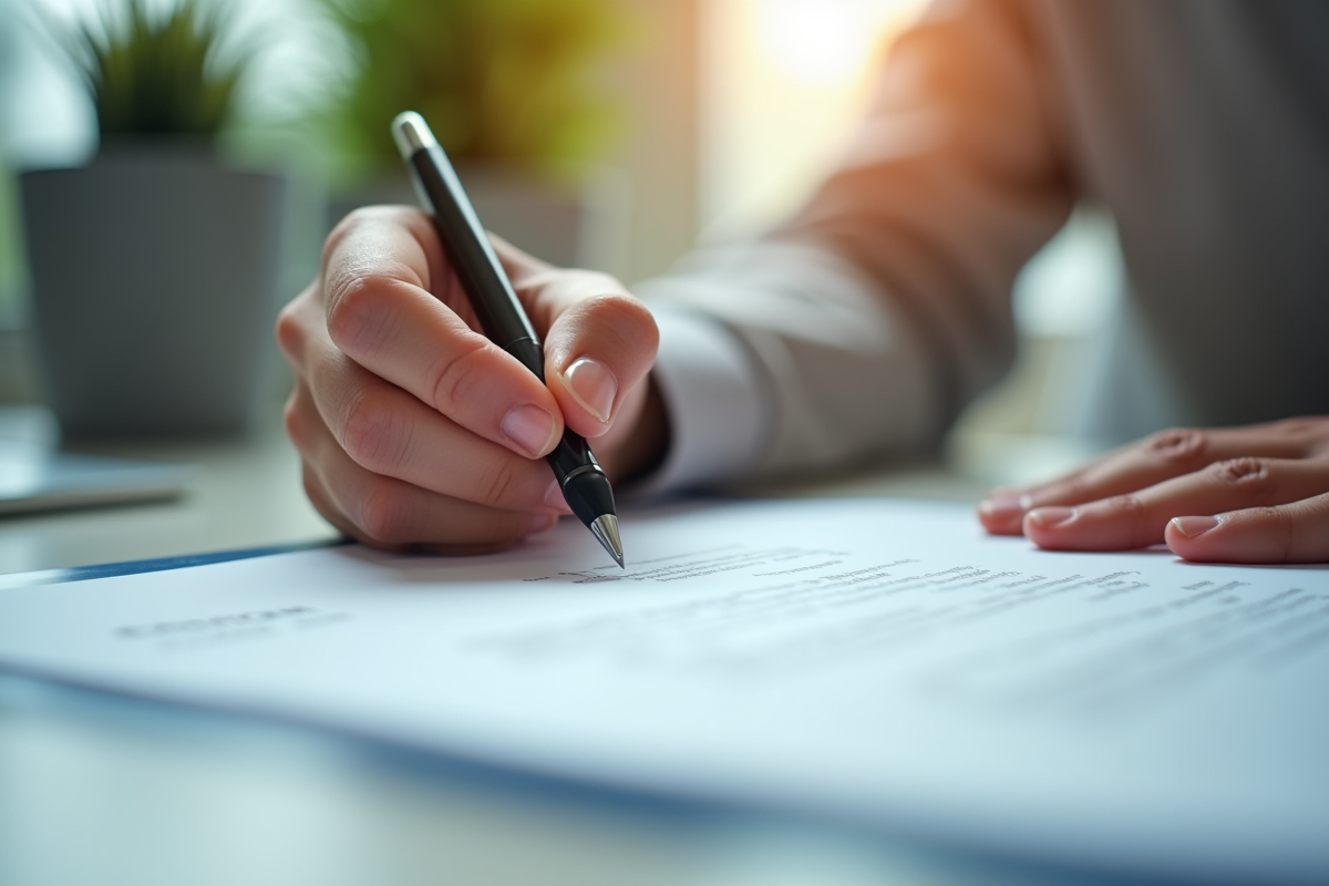 Main signant un document dans un bureau lumineux