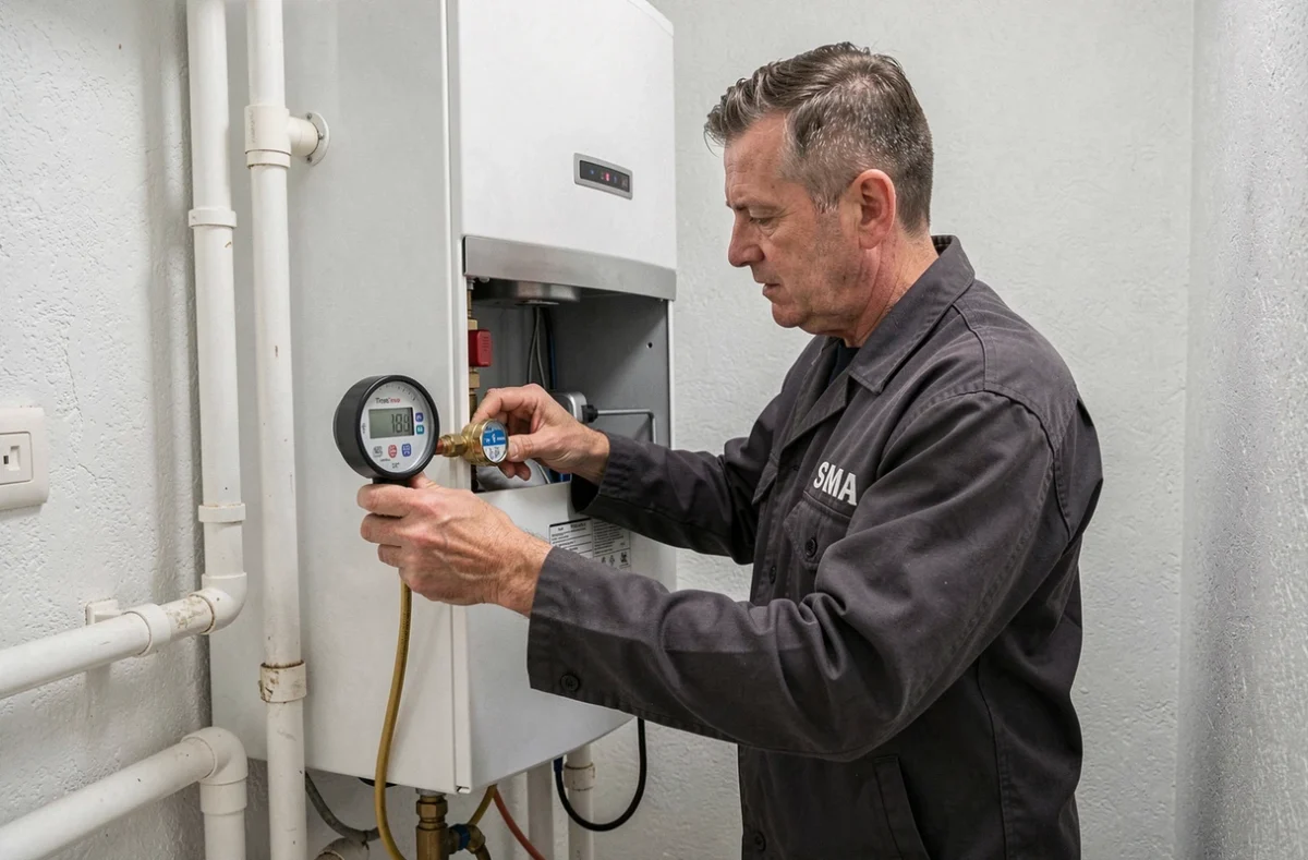 Plombier de SMA 94 installant un chauffe-eau dans un local technique d'immeuble à Troyes