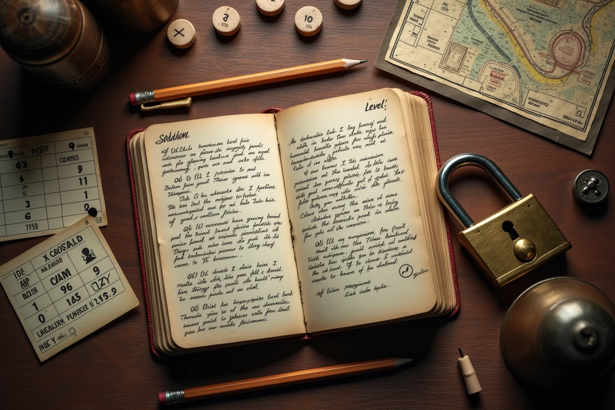 Vue aérienne d'une table avec indices, cadenas et notes manuscrites pour résoudre les niveaux d'un escape game