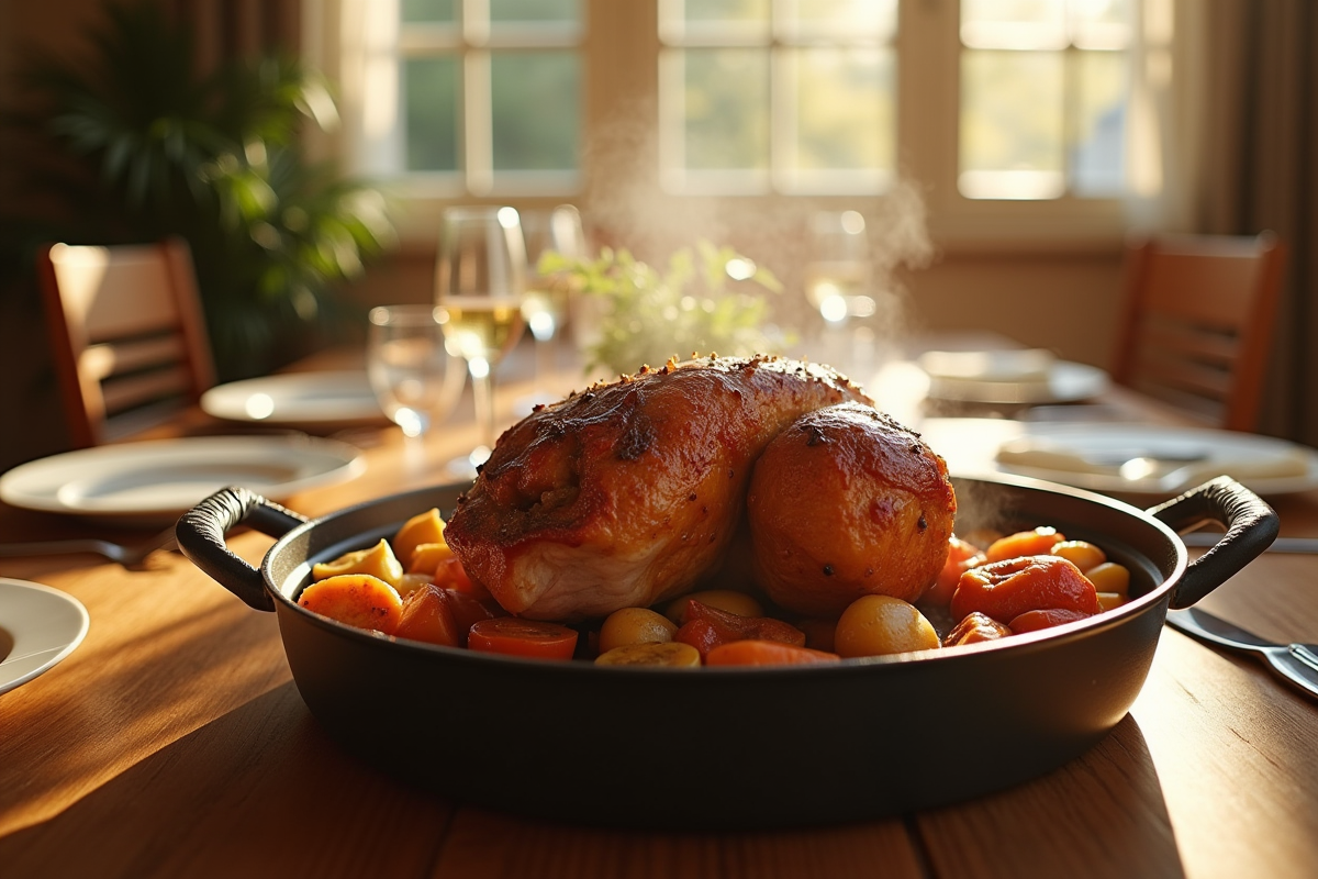 Table dressée avec un rôti de boeuf et légumes rôtis