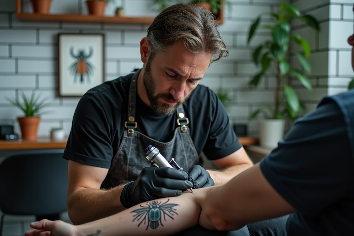 Tatoueur professionnel réalisant un tatouage de scarabée égyptien détaillé sur l'avant-bras d'un client en studio