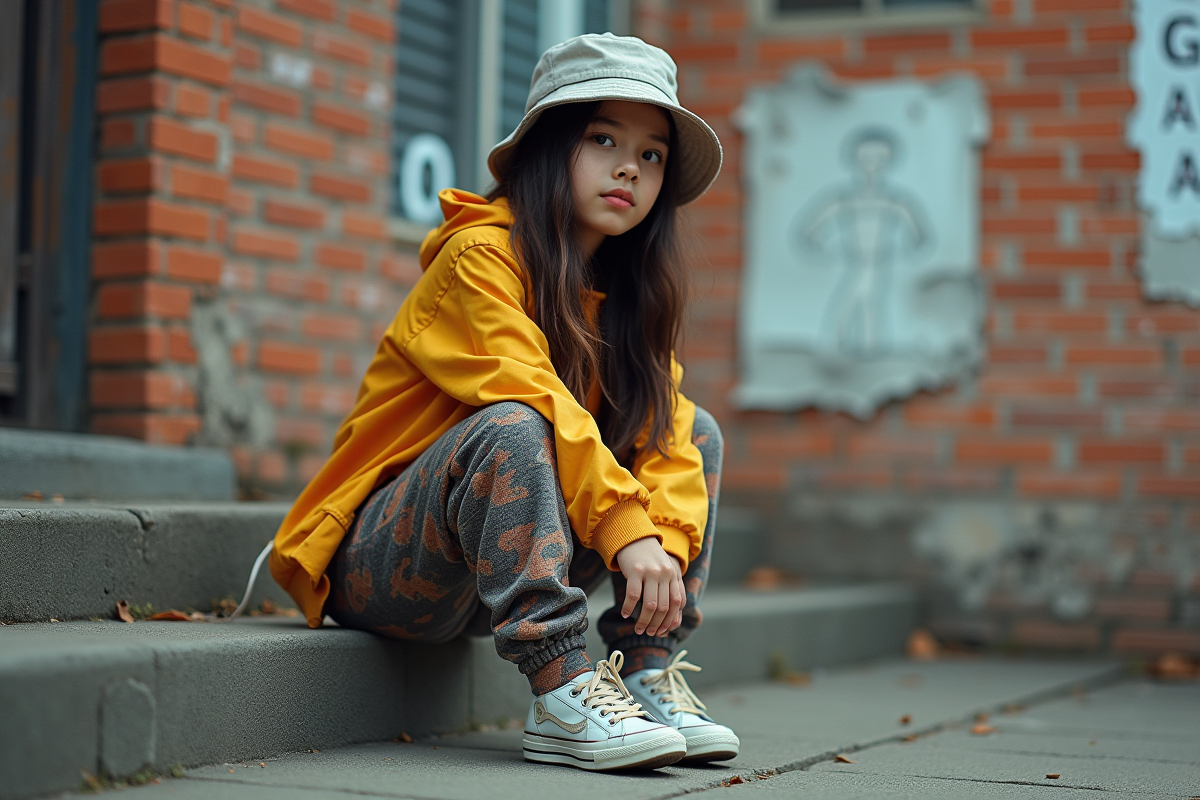 Adolescente en style vintage assise devant un mur