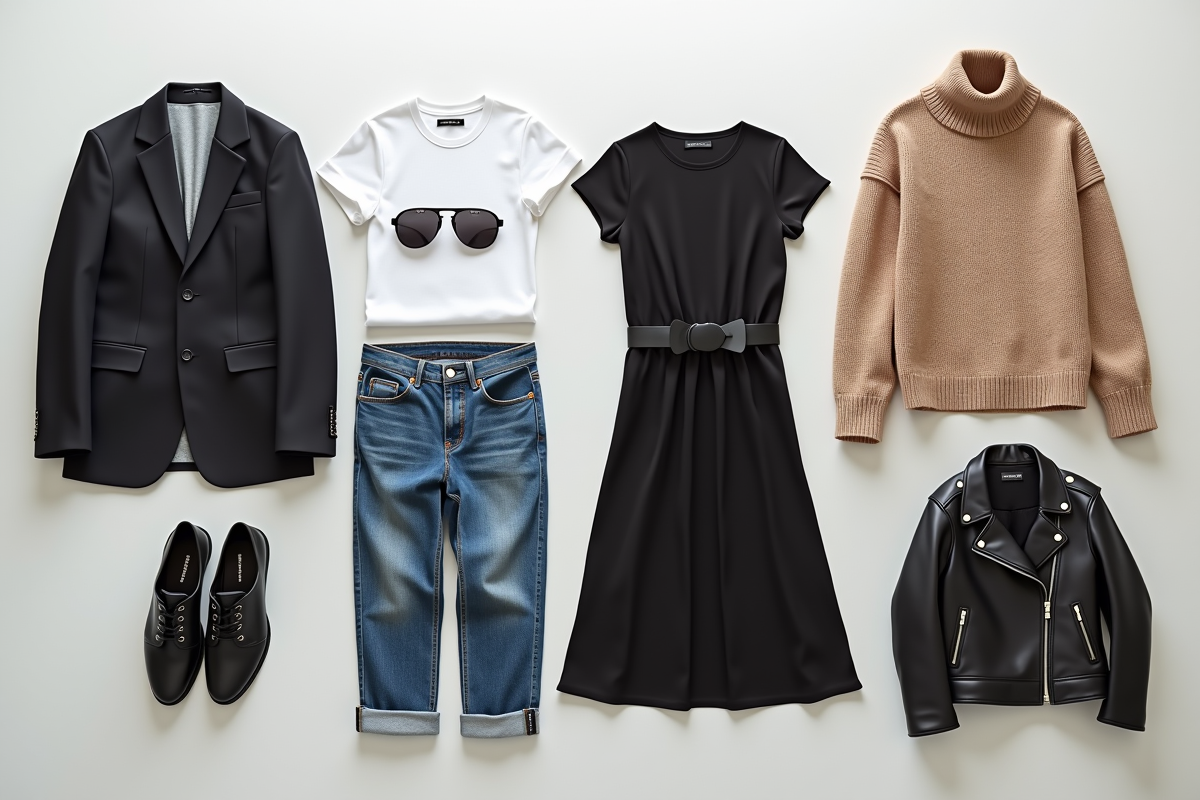 Vêtements essentiels en disposition sur une surface blanche