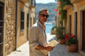Touriste prudent dans une ruelle étroite de La Ciotat tenant une carte de la ville, symbolisant la vigilance lors des vacances en zone urbaine sensible