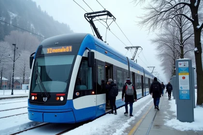 Tram de Grenoble en hiver avec des voyageurs chargés de skis montant à bord, montagnes enneigées visibles en arrière-plan
