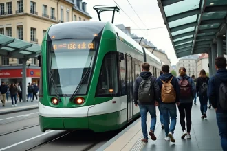Étudiants montant dans le tramway ligne 2 à Nantes à proximité d'une université