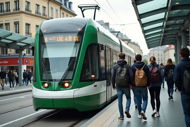 Étudiants montant dans le tramway ligne 2 à Nantes à proximité d'une université