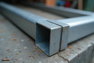 Tube carré en aluminium pour portail avec joint d'angle soudé, texture métallique brossée en gros plan