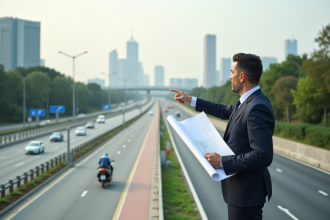 Urbaniste devant une route futuriste avec véhicules autonomes