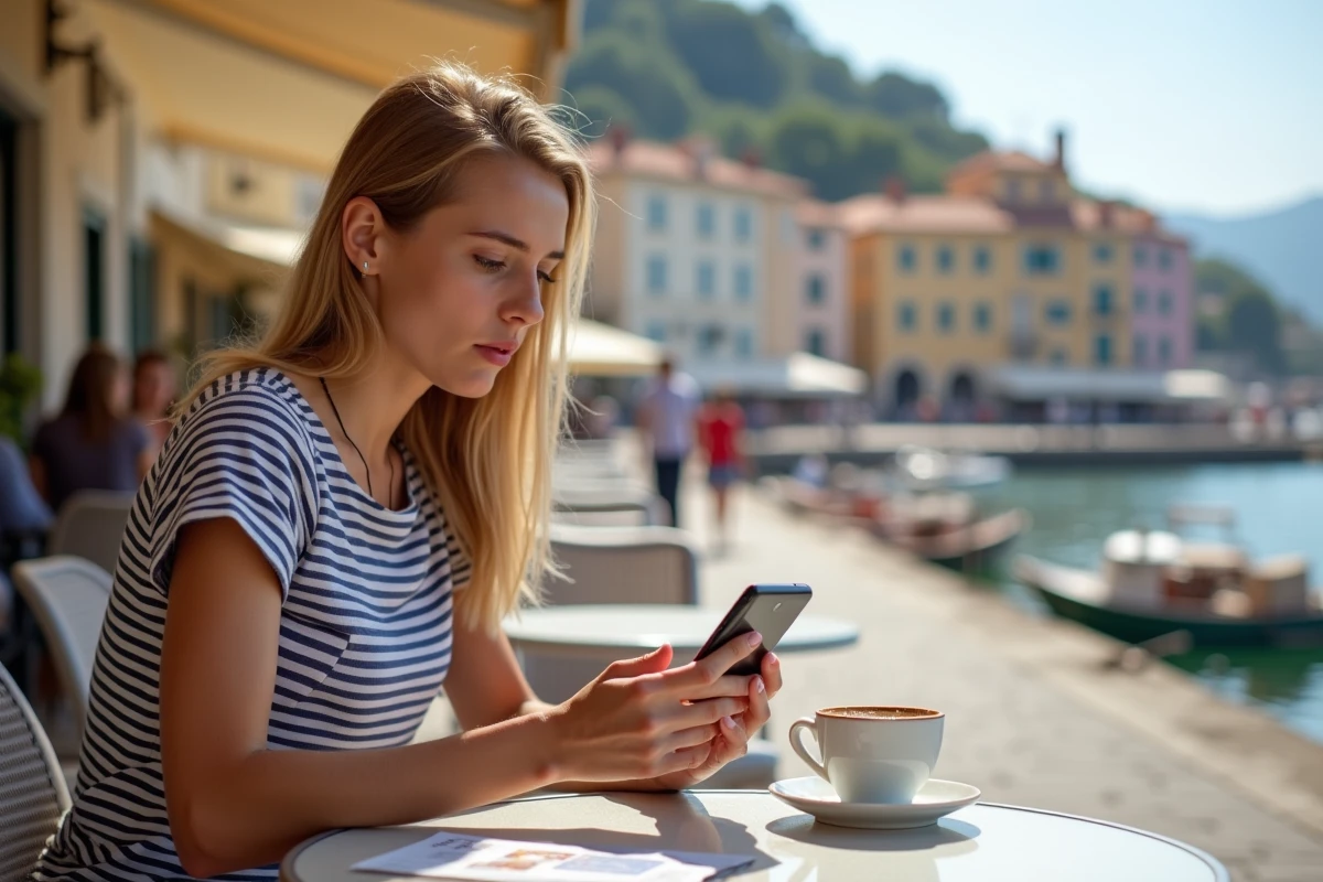 Femme consultant son téléphone en terrasse de café au bord du port de La Ciotat, prenant des précautions lors de ses vacances dans une ville à risques signalés
