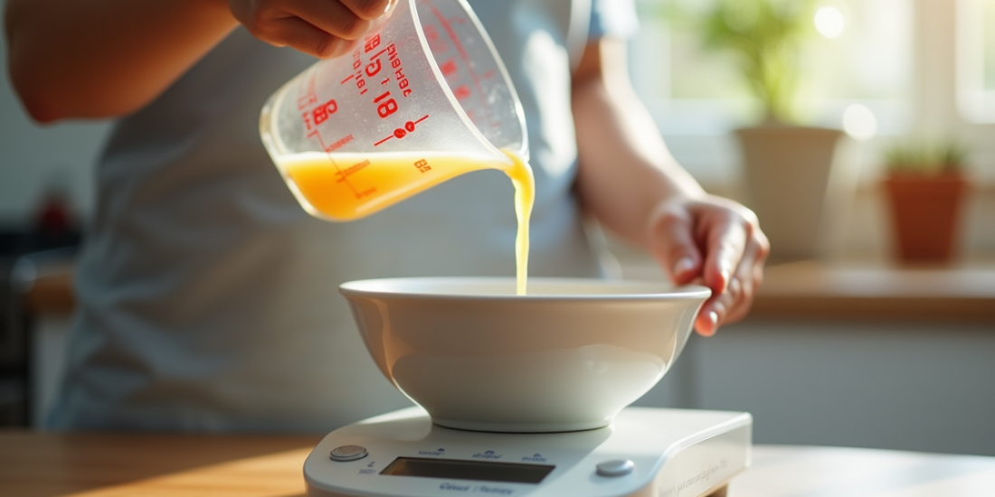 Personne versant liquide dans un bol sur une balance de cuisine