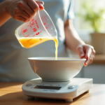 Personne versant liquide dans un bol sur une balance de cuisine