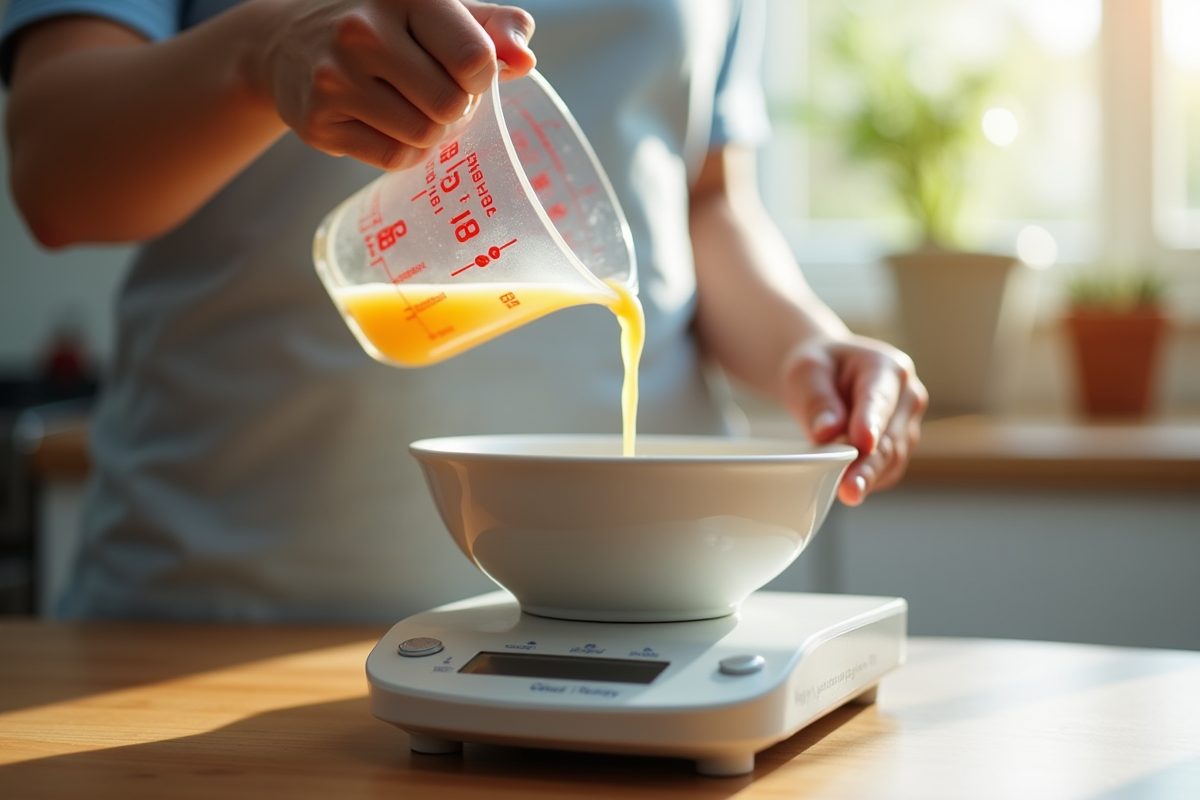 Personne versant liquide dans un bol sur une balance de cuisine