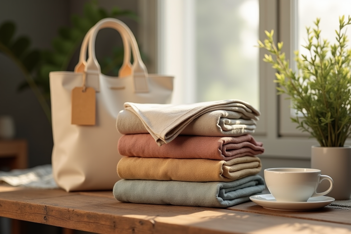 Vêtements en coton bio pliés sur une table en bois