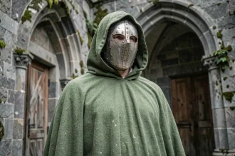 Cosplayer déguisé en Victor von Doom dans un couloir de château médiéval avec cape verte et masque en fer