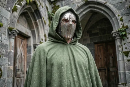 Cosplayer déguisé en Victor von Doom dans un couloir de château médiéval avec cape verte et masque en fer