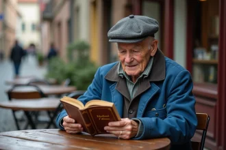 Homme âgé en veste bleue lisant un livre vintage à Strasbourg