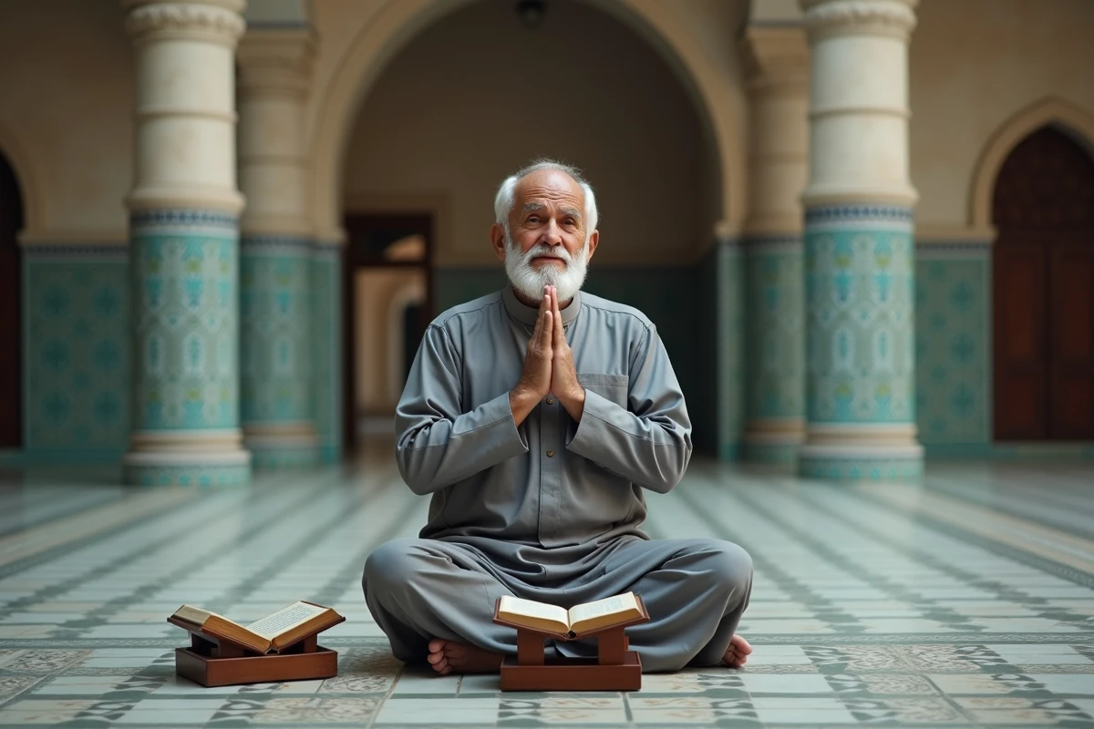 Vieil homme en posture de supplication dans une mosquée avec un Coran sur un rehal pour dhikr et invocations