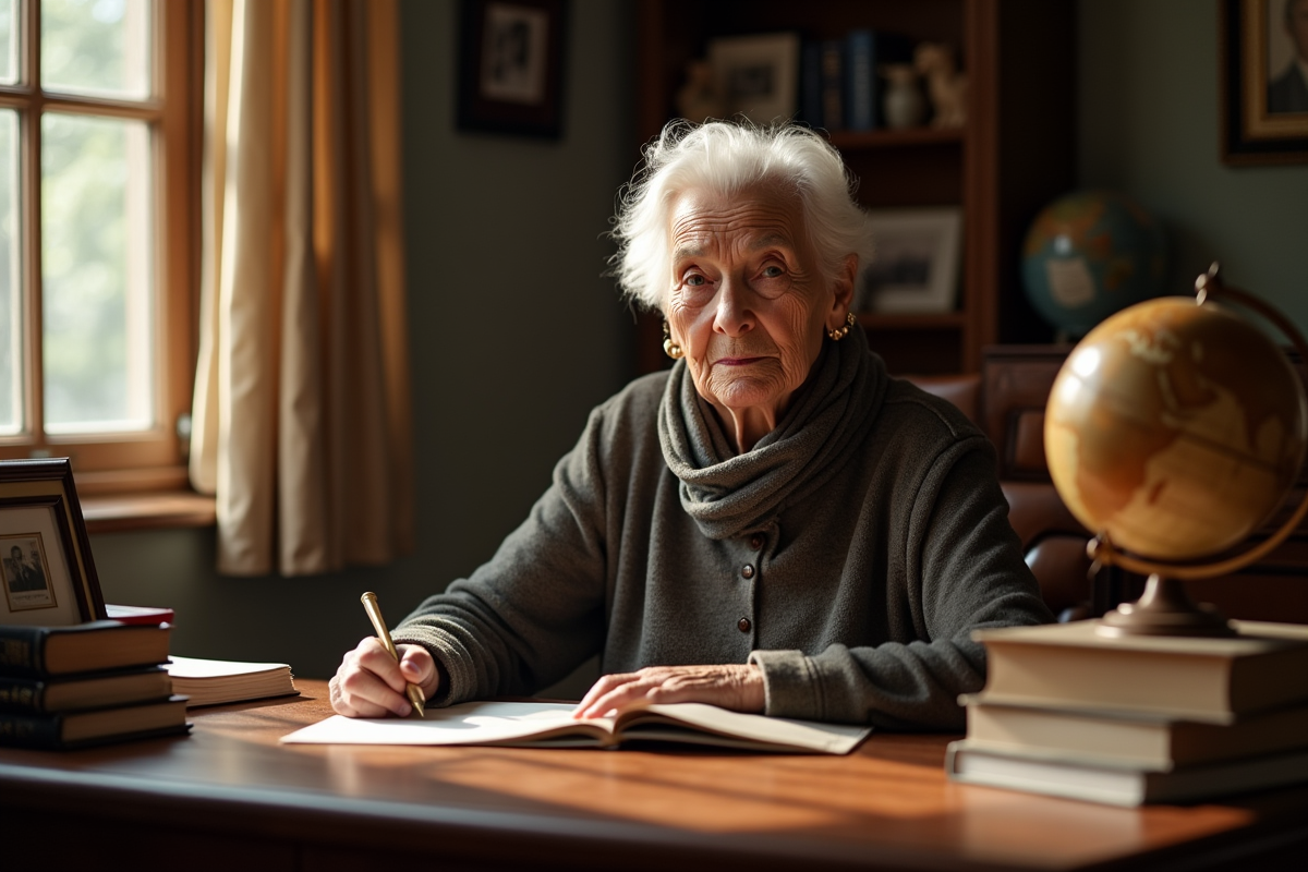 Sage femme âgée dans un bureau avec livres et globe