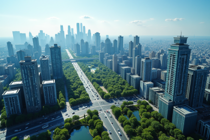 Vue aérienne d une ville moderne avec gratte-ciel et parcs
