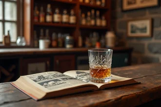Verre de whisky single malt écossais posé sur un comptoir de pub en bois ancien, à côté d'une bande dessinée des aventures de Tintin évoquant le capitaine Haddock